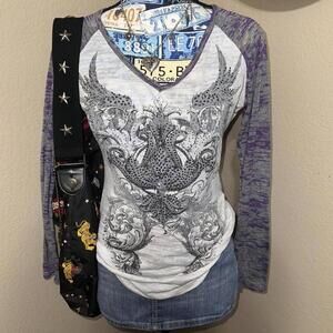 Y2K Grunge Purple and white long sleeve top with rhinestones